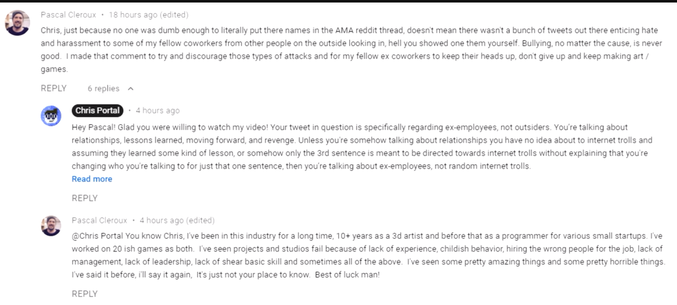 A deleted comment from Pascal Cleroux defending the actions of Kindly Beast after the initial terminations but before he was terminated