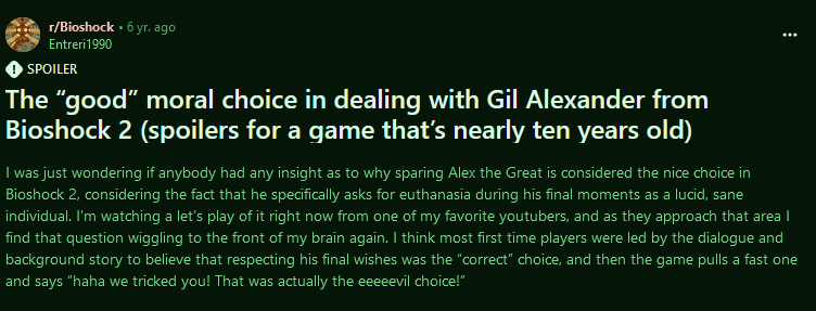 Screenshot of a Reddit post asking for clarification for why killing Gil Alexander is the nominally "good" choice instead of respecting his "final wishes".