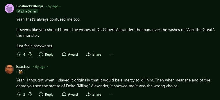 Reddit commenters expressing that it feels "backwards" to honor the wishes of a monster like Alex the Great instead of fulfilling Gil's final request, seeing it as a mercy killing.