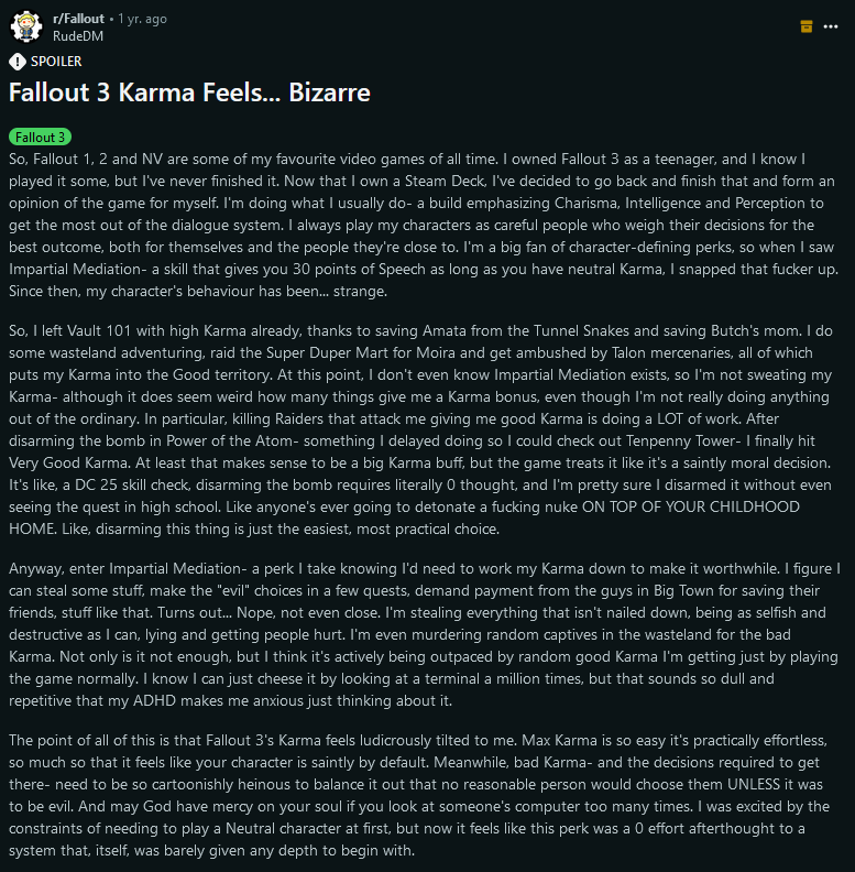 Screenshot of a Reddit post talking about how the Karma system in Fallout 3 feels "tilted" to push the player character into having high karma even for morally neutral actions.