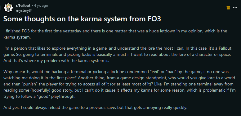Screenshot of a Reddit post from someone disappointed that Fallout 3 deems hacking terminals or lockpicking "evil" when they enjoy using those mechanics to learn more about the world and lore.