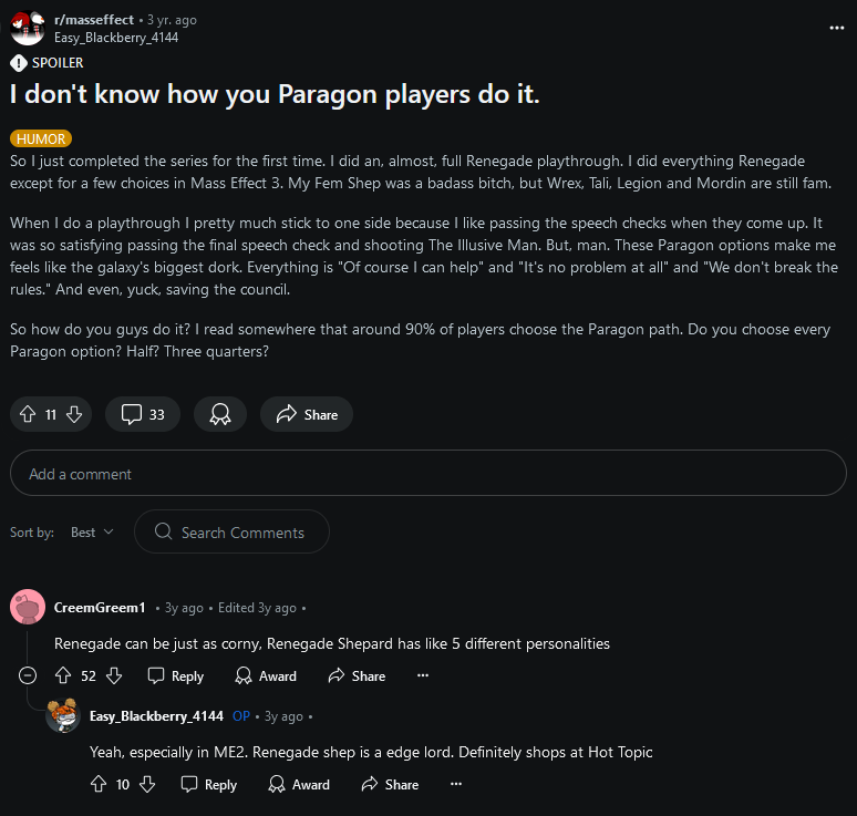 Screenshot of a Reddit post asking how people choose Paragon options for Shepherd when they make him seem like the "galaxy's biggest dork", though confessing that Renegade Shephard is also silly in his own way.