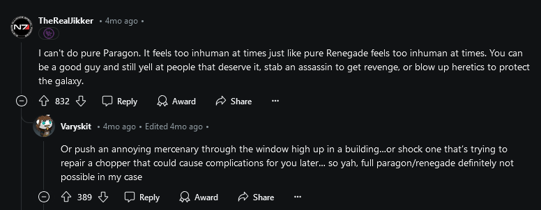 Comments from Redditors agreeing that being strictly Paragon or Renegade are equally unrealistic, calling it "inhuman".