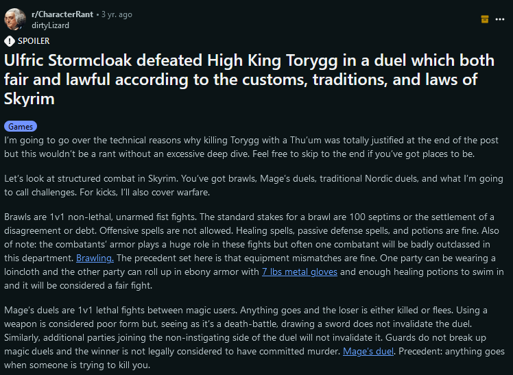 Screenshot of a Reddit post arguing that Ulfric's victory in the duel is acceptible by Nordic customs because mismatches and even drastically different magical abilities are considered normal in Skyrim culture.