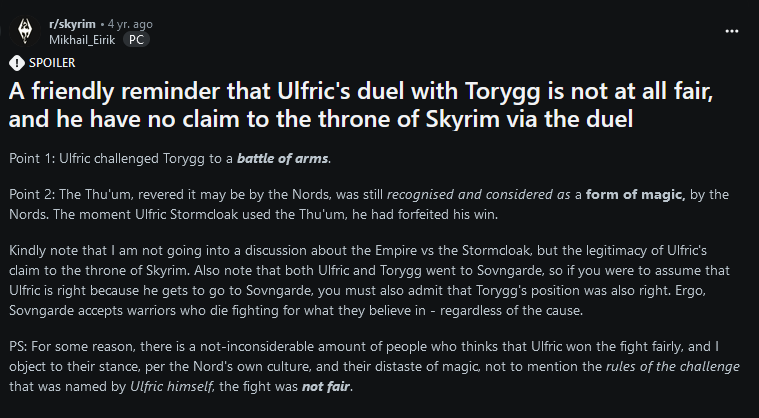 Screenshot of a Reddit post arguing that Ulfric's victory in the duel is illegitimate because he challenged the high king to a duel "of arms" and used a technique recognized as magic; the poster expresses frustration that others think Ulfric's victory was fair.