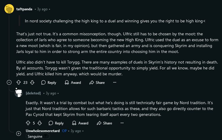 Reddit commenters arguing that Ulfric's victory in the duel may have been legitimate, but that does not make him high king because a moot of jarls would still have to appoint him as such, which they have refused to do. They point out that it is unclear if the High King was given a chance to yield, or that he may have yielded and was still murdered.