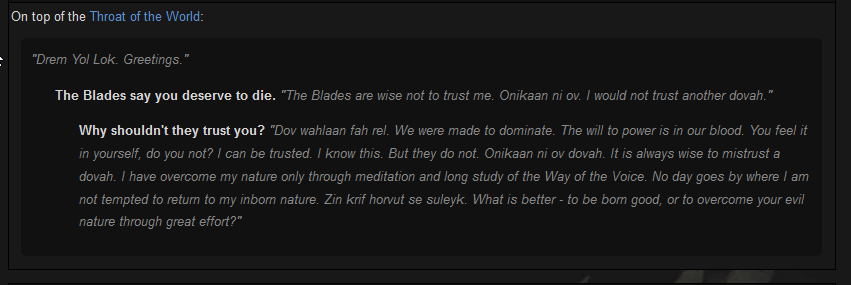 Screenshot of Paarthurnax's dialog, calling the Blades wise to distrust dragons but reasserting that he has total control over his own behavior even if he is tempted to return to his evil nature.